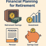 A detailed infographic illustrating key aspects of financial planning for retirement, including savings strategies, investment options, healthcare planning, and tax optimization. The image uses a combination of icons and text to highlight essential retirement planning steps for financial security.